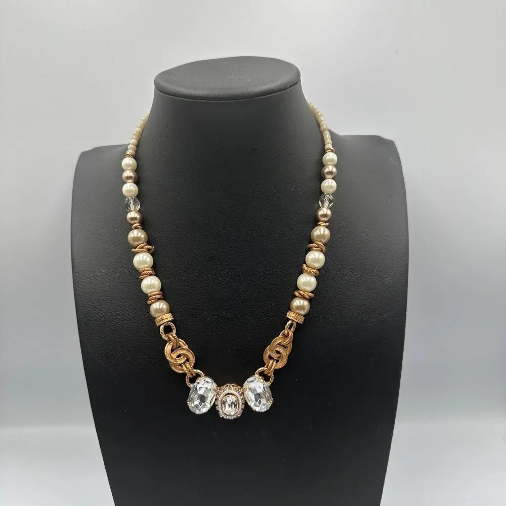 Elisabetta Ricciardi Necklace Rose Gold Tone Faux Pearl Clear Crystal Beaded 16